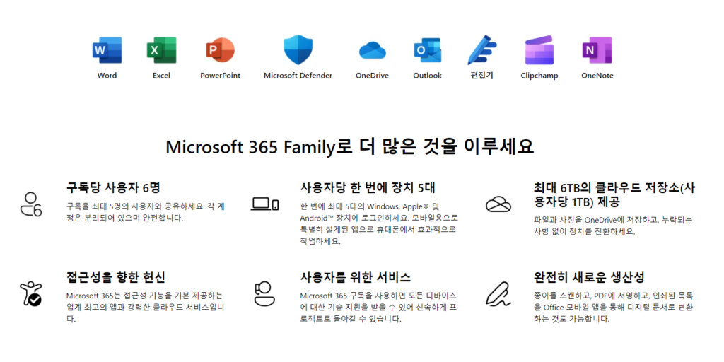마이크로소프트 365 Family 소개 화면